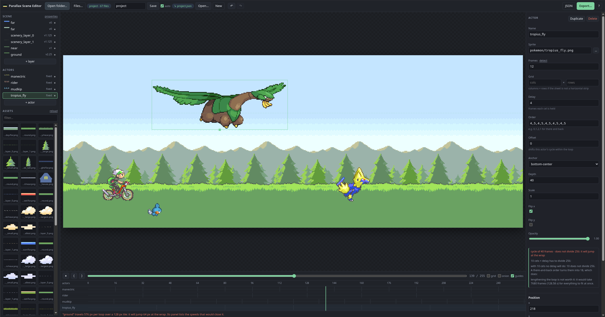 The editor with the Pokémon Emerald project loaded, showing the rider, Mudkip, a flying Tropius and the loop-closing warning