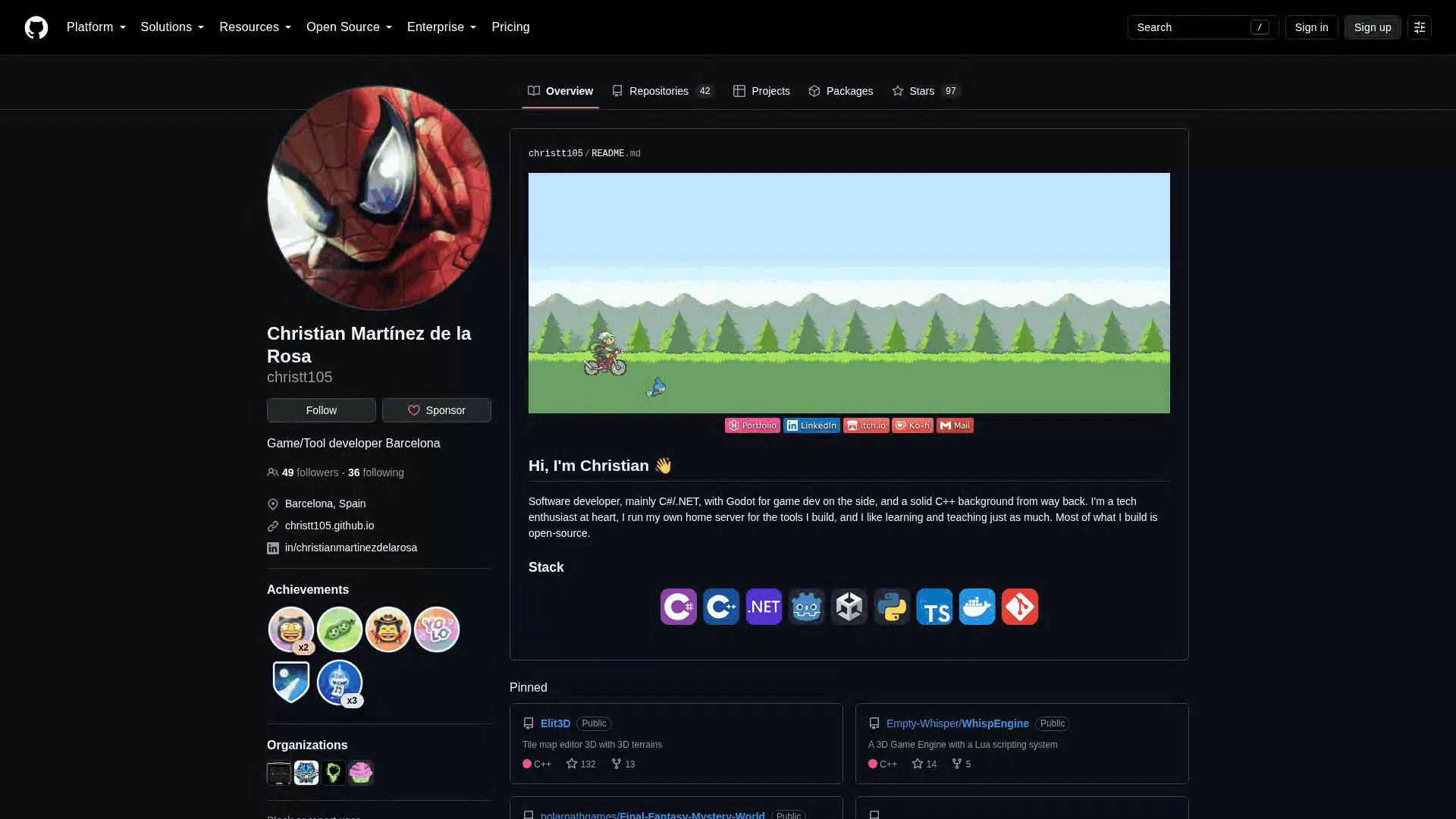 The GitHub profile in dark mode, with the looping bike-rider gif in the README header
