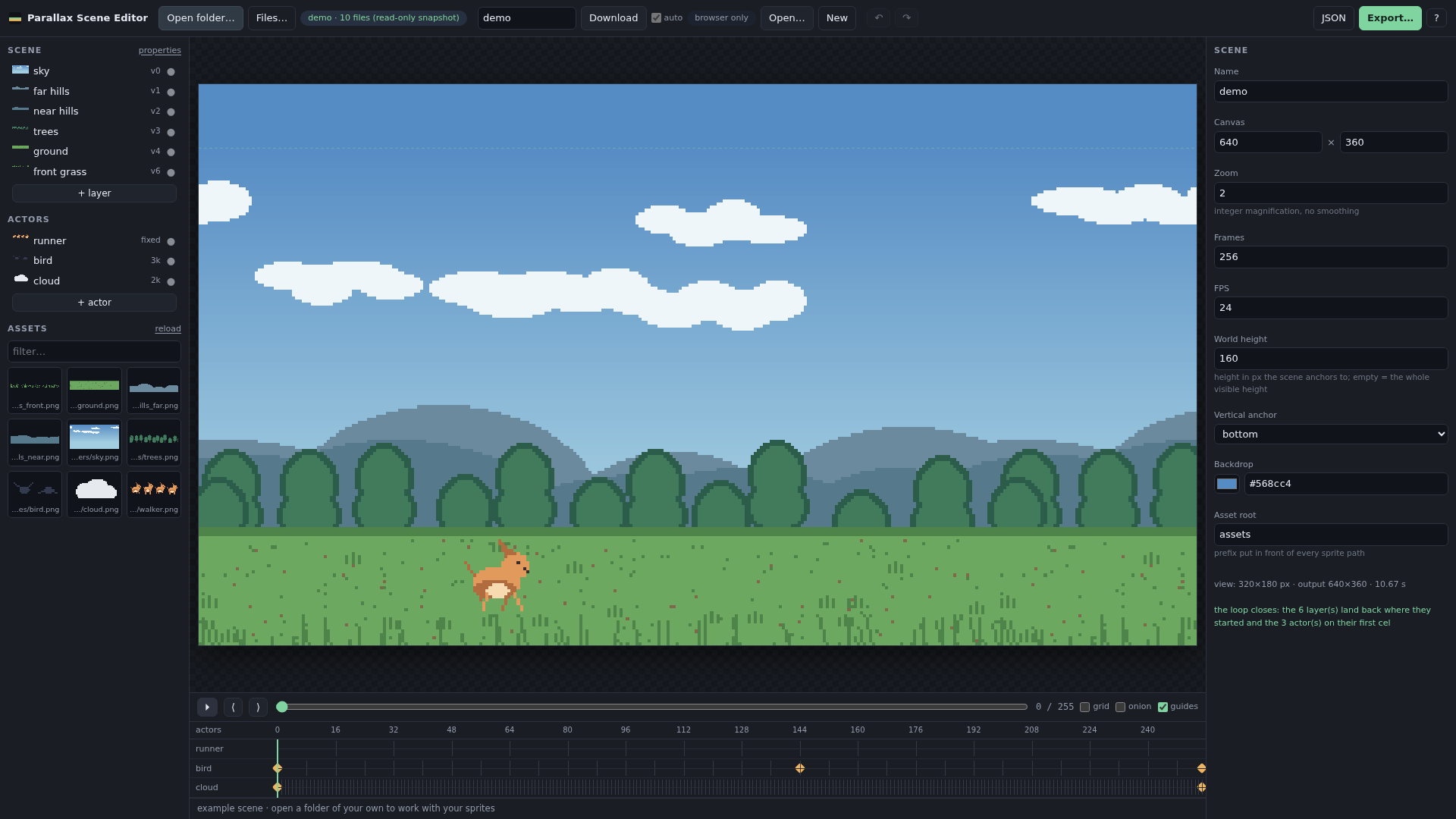 The editor open on the demo scene, with layers, actors and the timeline visible