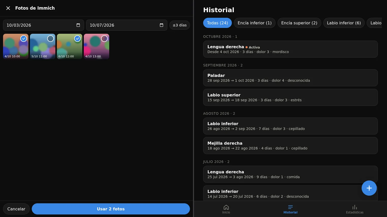 Immich photo picker and the history grouped by month (the photos in the screenshot are placeholders)