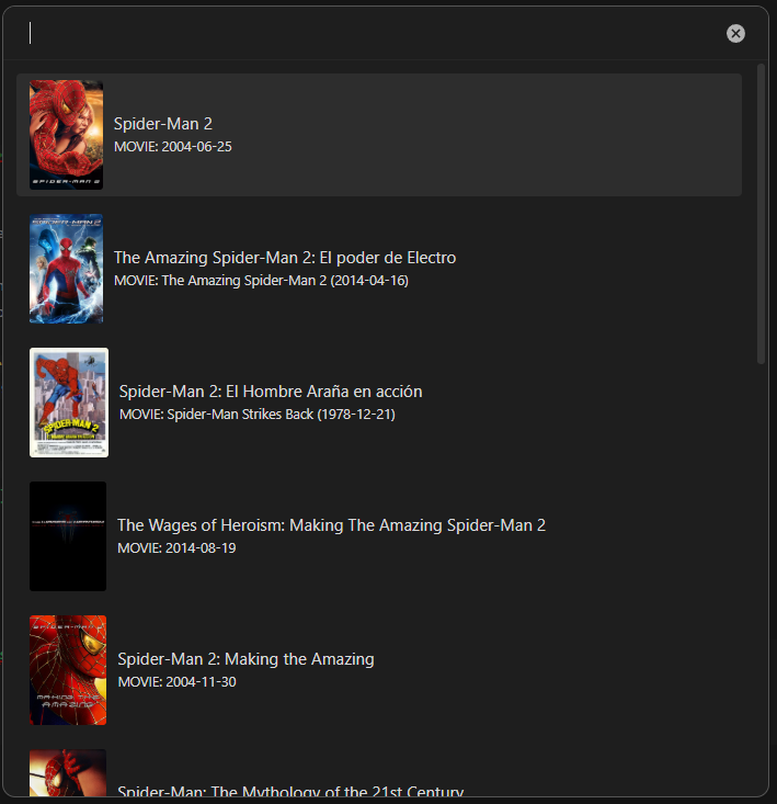 Resultados de la búsqueda con Movie Search Plugin