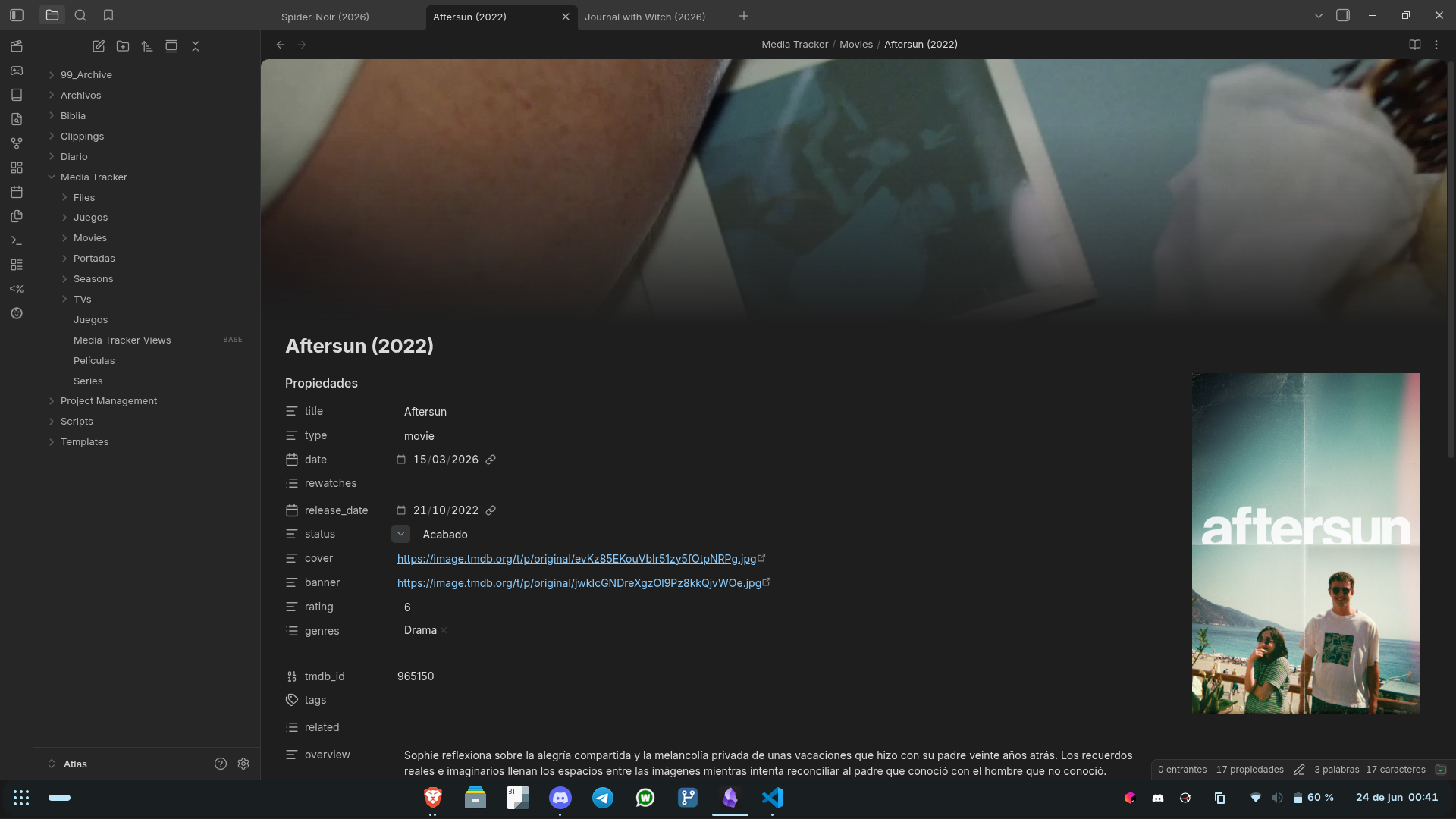 Note created by the plugin, with Pretty Properties showing cover and banner
