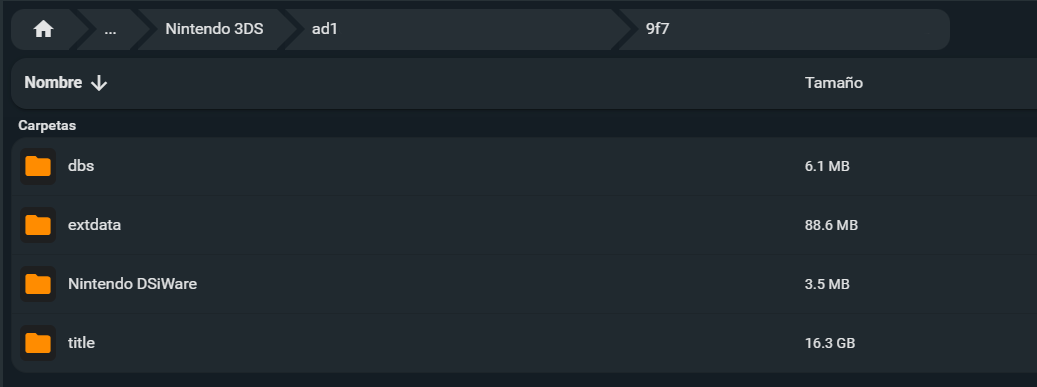 Carpetas dentro de la carpeta Nintendo 3DS/ID0/ID1/