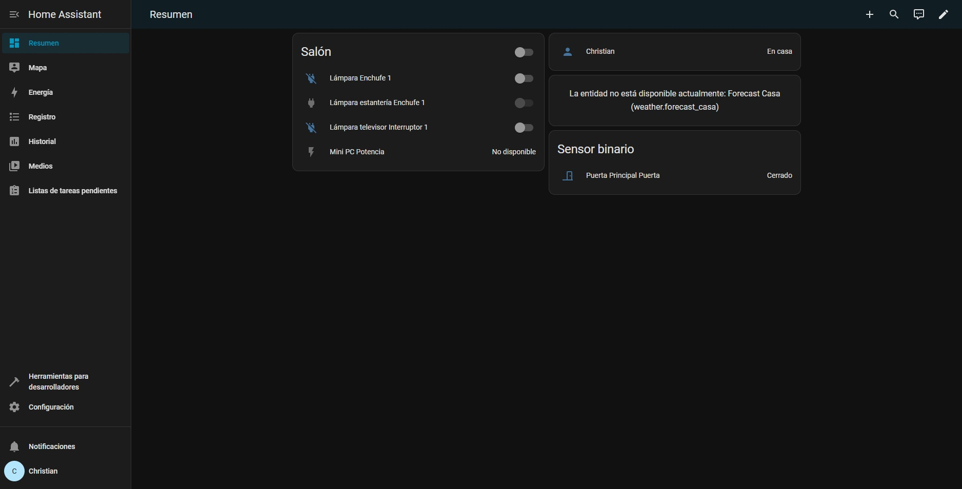 Captura de la interfície de Home Assistant