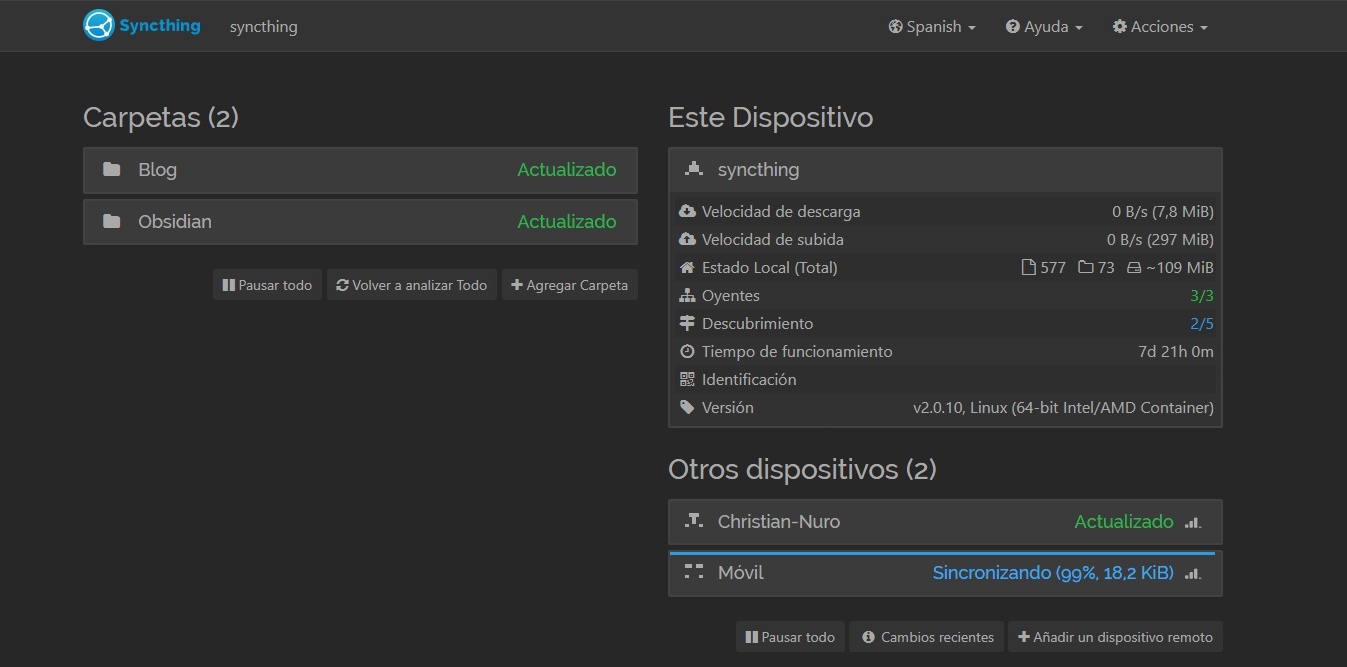 Captura de la interfície de Syncthing