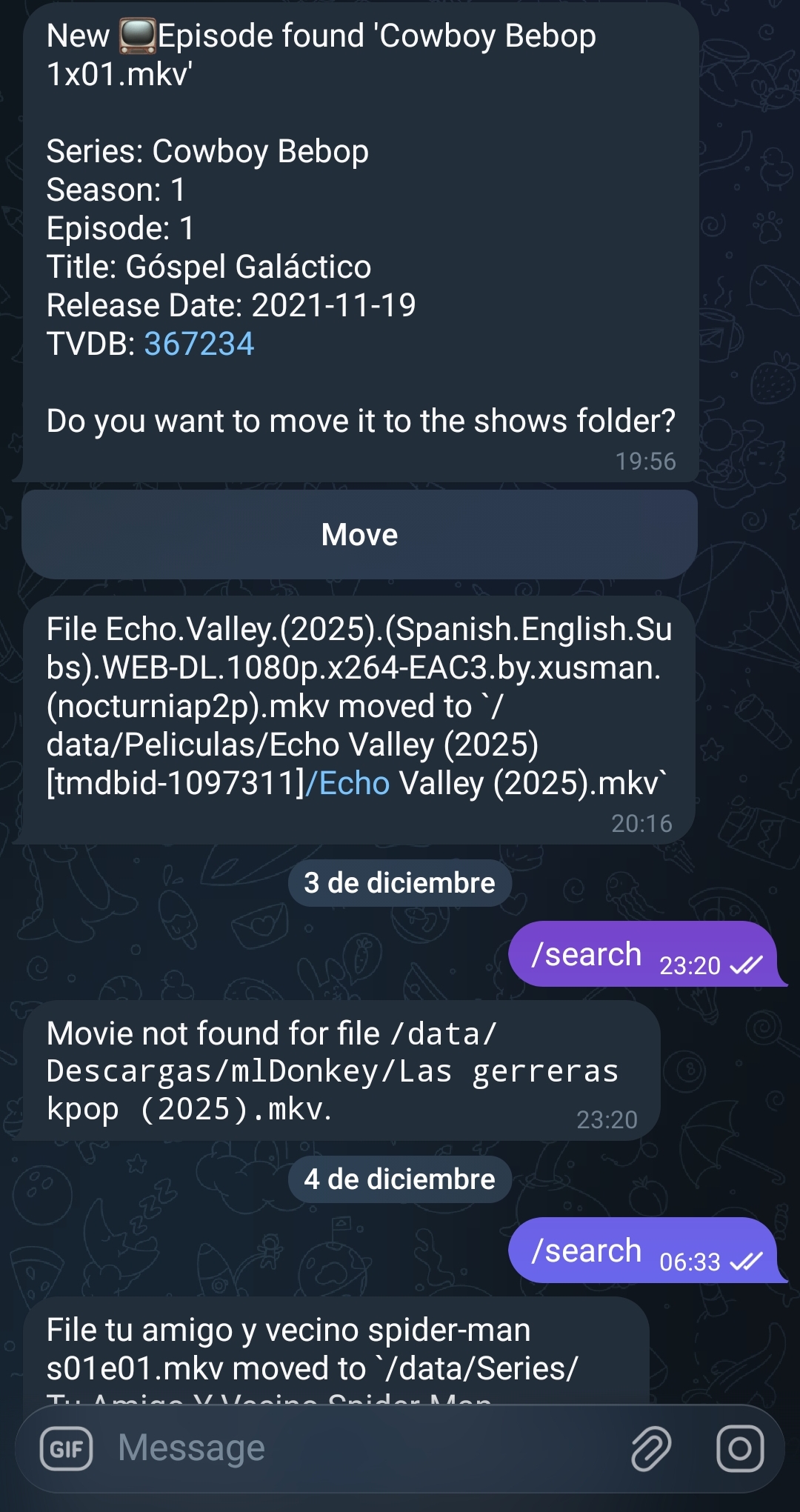 Captura de pantalla de Telegram on es mostra el bot en funcionament