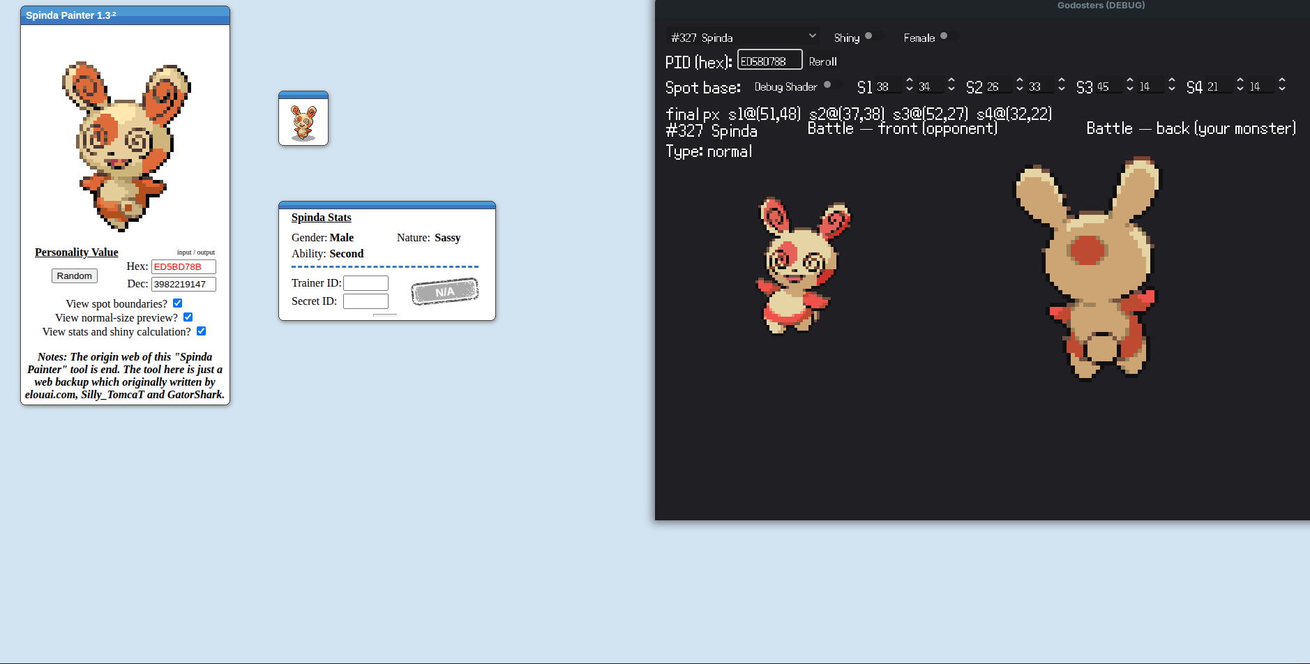 Split screen with Spinda Painter to verify spots were painted the same with the same PID