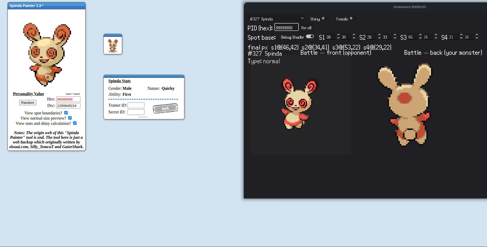 Split screen with Spinda Painter to verify spots were painted the same with the same PID with debug mode on