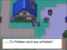 Spanish dialogue with another Pokémon following the protagonist in front of a house