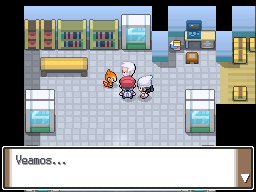 Spanish dialogue with a Pokémon in the overworld during a cutscene in the lab